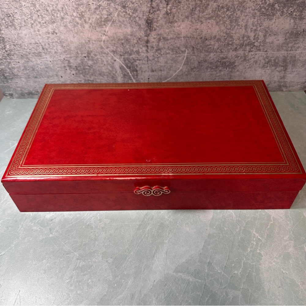 Vintage Mele Red Rectangular Shaped Hinged Jewelry Box with Gold Accents